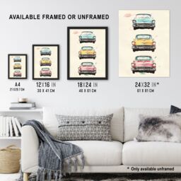 "Artery8 3 Three Classic Vintage Cars Watercolour Modern Framed Art Print in Beige - Size: W12"" x H16""" - thumbnail 3