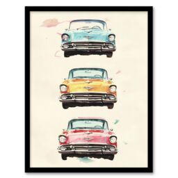 "Artery8 3 Three Classic Vintage Cars Watercolour Modern Framed Art Print in Beige - Size: W12"" x H16""" - thumbnail 1