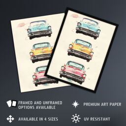 "Artery8 3 Three Classic Vintage Cars Watercolour Modern Framed Art Print in Beige - Size: W12"" x H16""" - thumbnail 2