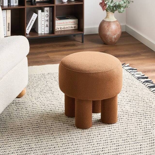 Wyld and Coco Boucle Orange Round Footstool Pouffe Upholstered Plywood Base Modern - image 1