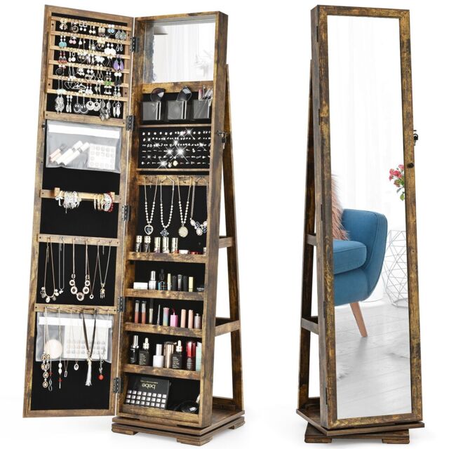 Costway 3-in-1 Rotating Mirrored Jewelry Armoire Freestanding Lockable Large Capacity Jewelry Organizer w/ Makeup Mirror in Brown - image 1