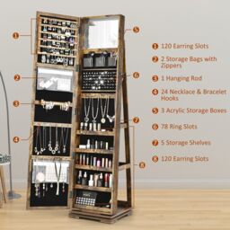 Costway 3-in-1 Rotating Mirrored Jewelry Armoire Freestanding Lockable Large Capacity Jewelry Organizer w/ Makeup Mirror in Brown - thumbnail 5