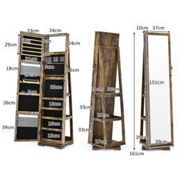 Costway 3-in-1 Rotating Mirrored Jewelry Armoire Freestanding Lockable Large Capacity Jewelry Organizer w/ Makeup Mirror in Brown - thumbnail 2