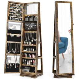 Costway 3-in-1 Rotating Mirrored Jewelry Armoire Freestanding Lockable Large Capacity Jewelry Organizer w/ Makeup Mirror in Brown - thumbnail 1