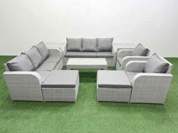 Fimous PE Rattan High Back Lounge Sofa Set Patio Oblong Coffee Table & Chairs Set w/ 3 Seater Sofa Reclining Chair 2 Big Footstool 2 Side Table Light - thumbnail 2