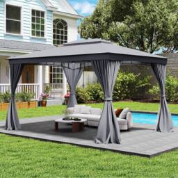 Gymax 296 cm x 397 cm Patio Gazebo Outdoor Double-Roof Canopy Tent-Grey in Grey - thumbnail 4
