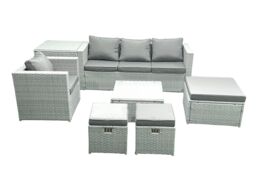 Fimous Garden Outdoor Furniture Set 7 Seater Rattan Sofa Set with 3 Footstools Armchair Side Table Light Grey Mixed - thumbnail 1