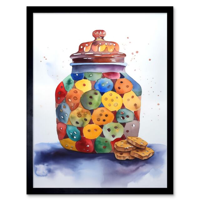 "Artery8 Wall Art Print Cookie Jar Folk Art Watercolour Painting Art Framed in Black - Size: W12"" x H16""" - image 1