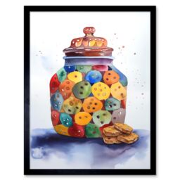 "Artery8 Wall Art Print Cookie Jar Folk Art Watercolour Painting Art Framed in Black - Size: W12"" x H16""" - thumbnail 1