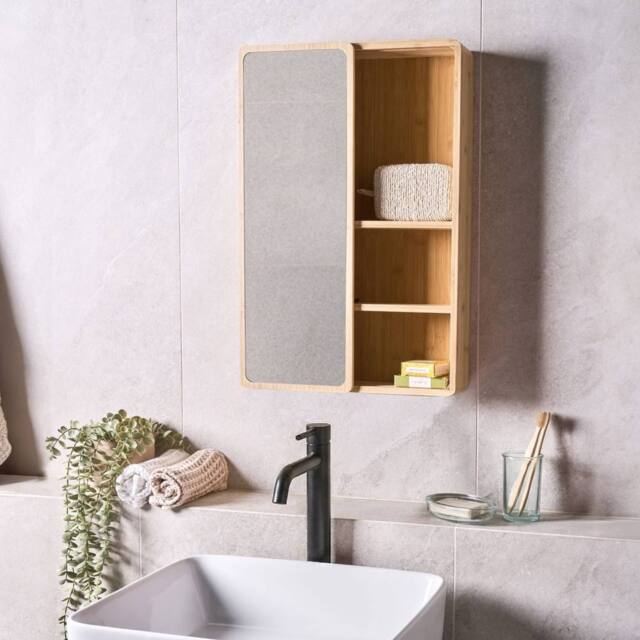 Wyld and Coco Bamboo Bathroom Sliding Mirror Door Light Brown W41 x D9 x H61cm - image 1