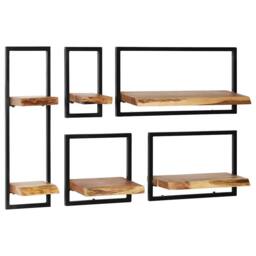 Berkfield Home Wall Shelf Set 5 Pieces Solid Acacia Wood & Steel in Brown - thumbnail 2