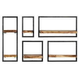 Berkfield Home Wall Shelf Set 5 Pieces Solid Acacia Wood & Steel in Brown - thumbnail 1