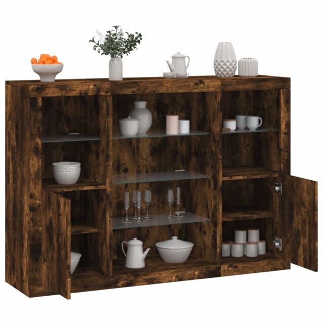 Berkfield Home Sideboards with LED Lights 3 pcs Smoked Oak Engineered Wood in Brown - image 1