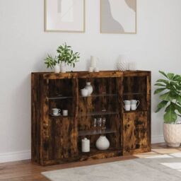 Berkfield Home Sideboards with LED Lights 3 pcs Smoked Oak Engineered Wood in Brown - thumbnail 4