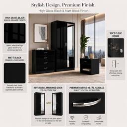 Harmin Modern 3 Piece Bedroom Furniture Set - Wardrobe, Chest & Bedside in Black - thumbnail 2