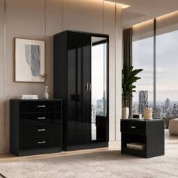 Harmin Modern 3 Piece Bedroom Furniture Set - Wardrobe, Chest & Bedside in Black - thumbnail 1