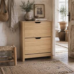 Wyld Haus Sato Rilu Slim Shoe Cabinet Natural Wood Effect 2 Flip Drawers 12 Pair - thumbnail 1