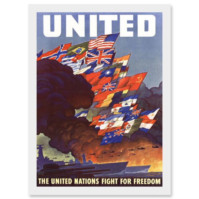 Artery8 WW2 World War Allies United Nations Fight Freedom Vintage A4 Artwork Framed Wall Art Print in White - image 1