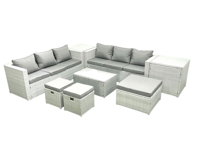 Fimous Garden Outdoor PE Rattan Furniture Set 9 Seater Rattan Garden Sofa Set with 3 Footstools 2 Side Tables Light Grey Mixed - image 1