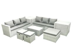 Fimous Garden Outdoor PE Rattan Furniture Set 9 Seater Rattan Garden Sofa Set with 3 Footstools 2 Side Tables Light Grey Mixed - thumbnail 1