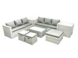 Fimous Garden Outdoor PE Rattan Furniture Set 9 Seater Rattan Garden Sofa Set with 3 Footstools 2 Side Tables Light Grey Mixed - thumbnail 2
