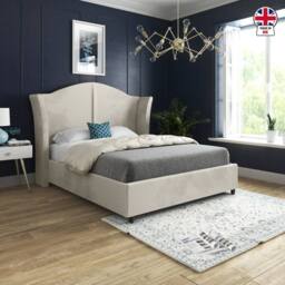Casani Tirley Curved Winged Upholstered Beige Soft Velvet Designer Bed Frame in Cream - Size: Small Double - thumbnail 5