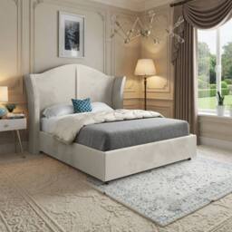 Casani Tirley Curved Winged Upholstered Beige Soft Velvet Designer Bed Frame in Cream - Size: Small Double - thumbnail 1
