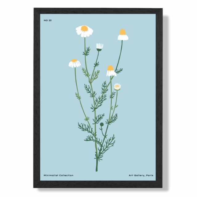 ARTZE Blue Daisies Flower Market Minimalist Framed Print SIZE: A3 with Black Frame in Mid Blue - Size: A4 - image 1