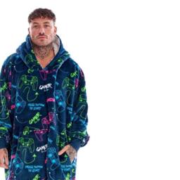 Gamer Men's Neon Fleece Oversized Hoodie Blanket in Mid Navy - thumbnail 2