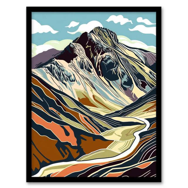 "Artery8 Stylised Scafell Pike Mountain Hiking Cambria Framed Art Print - Size: W12"" x H16""" - image 1
