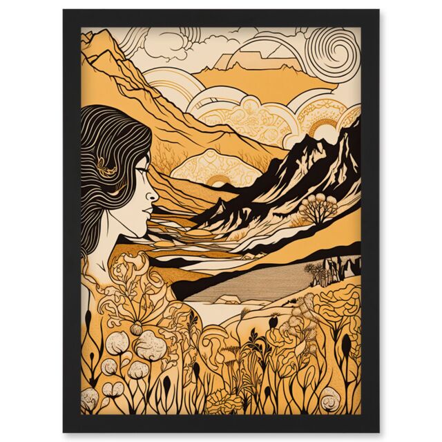 Artery8 Earth Goddess Blooming Flowers Mountain Landscape Artwork Framed Wall Art Print A4 in Black - image 1