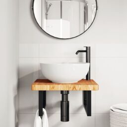 Berkfield Home Basin Shelf Wall Mounted Steel & Solid Wood Oak in Brown - thumbnail 3