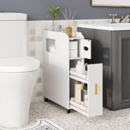 Costway Bathroom Storage Cabinet 16cm Narrow Slim Bathroom Organizer in White - thumbnail 4