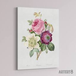 "Artery8 Anemone & Cabbage Rose Flower Redoute Vintage Canvas Wall Art in White - Size: W18"" x H24""" - thumbnail 2