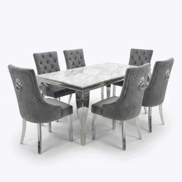 HOME LUXE INTERIOR Sofia 1.8m Grey Marble Dining Table & 6 Minister Grey Lion Chairs - Size: 180 cm - image 1