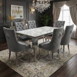HOME LUXE INTERIOR Sofia 1.8m Grey Marble Dining Table & 6 Minister Grey Lion Chairs - Size: 180 cm - thumbnail 2