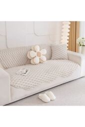 Living and Home Non-Slip Faux Plush Sofa Protector in Beige - Size: Medium - thumbnail 2