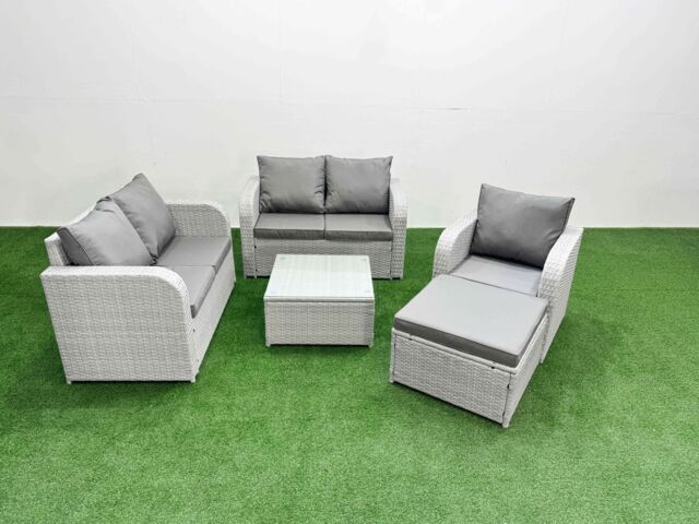 Fimous High Back Poly Rattan Garden Furniture Set with Reclining Chair Loveseat Sofa Square Coffee Table Indoor Outdoor Patio Set Big Stool Light Grey - image 1