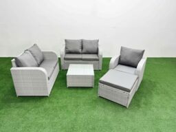 Fimous High Back Poly Rattan Garden Furniture Set with Reclining Chair Loveseat Sofa Square Coffee Table Indoor Outdoor Patio Set Big Stool Light Grey - thumbnail 1