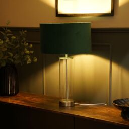 ValueLights Balan Glass & Brushed Chrome Table Lamp with Velvet Drum Lamp Shade & LED Bulb in Bottle Green - thumbnail 5