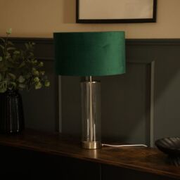 ValueLights Balan Glass & Brushed Chrome Table Lamp with Velvet Drum Lamp Shade & LED Bulb in Bottle Green - thumbnail 3