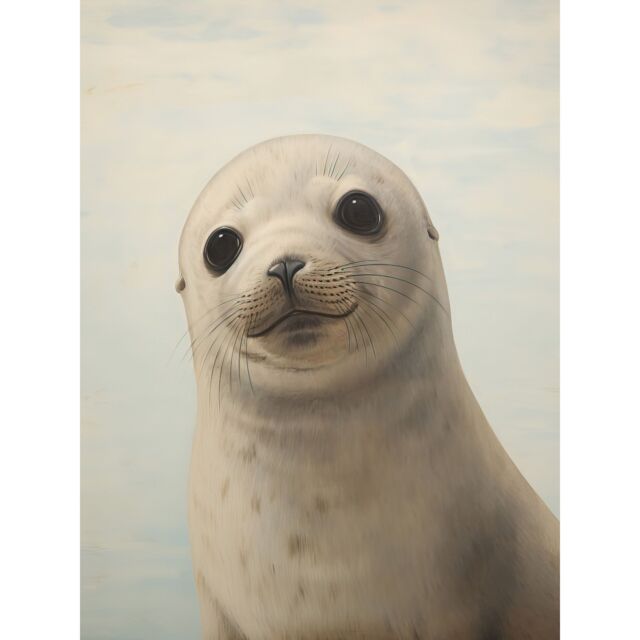 "Artery8 Wall Art Print Adorable Baby Seal Pup Portrait Oil Painting Calming Kids Bedroom Cute Arctic Animal Artwork Poster in Grey - Size: W12"" x H16""" - image 1