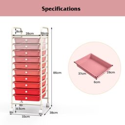Costway 10 Drawers Storage Trolley Mobile Rolling Utility Cart Home Office Organizer in Pink - thumbnail 2