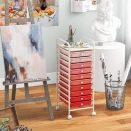 Costway 10 Drawers Storage Trolley Mobile Rolling Utility Cart Home Office Organizer in Pink - thumbnail 4