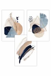 ARTZE Set of 3 Abstract Blue Beige Watercolour Shapes Art Posters in Mid Blue - Size: W50 cm x H70 cm - thumbnail 1