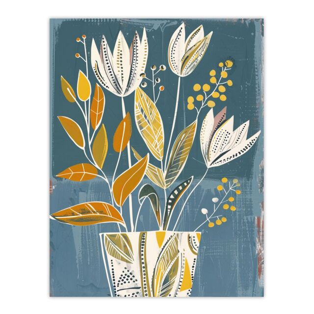 "Artery8 Tulip Flowers Orange Blue Potted Plant Floral Wall Art Print - Size: W18"" x H24""" - image 1