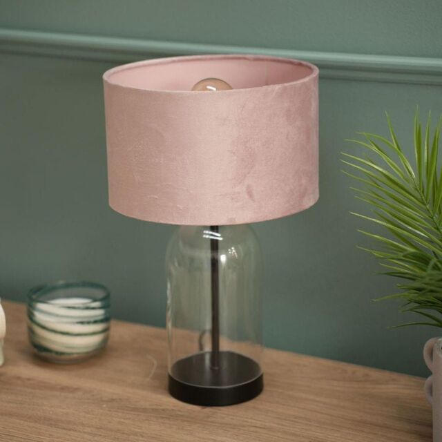 ValueLights Jessy Black Glass Table Lamp With Blush Pink Velvet Shade - image 1