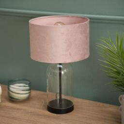 ValueLights Jessy Black Glass Table Lamp With Blush Pink Velvet Shade