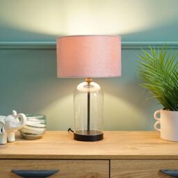 ValueLights Jessy Black Glass Table Lamp With Blush Pink Velvet Shade - thumbnail 3