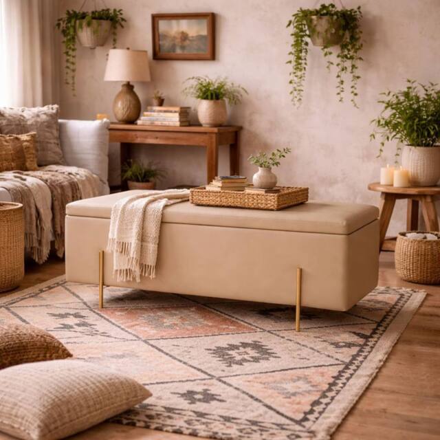 Wyld Haus Elowen Rectangle Storage Ottoman Bench Cream Velvet Brushed Gold Legs in Beige - image 1